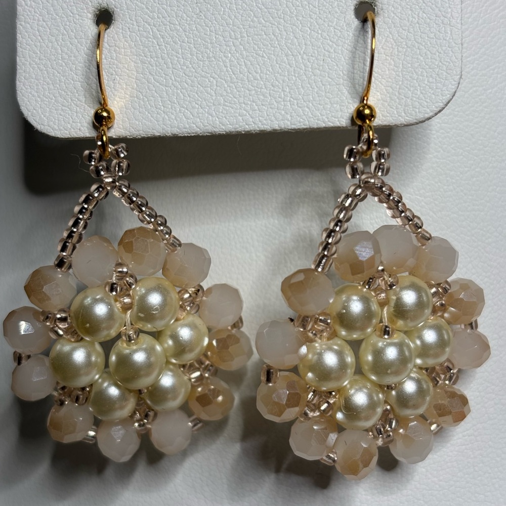 Hand crafted earrings ivory shell pearls and champagne faceted beads 2 inches